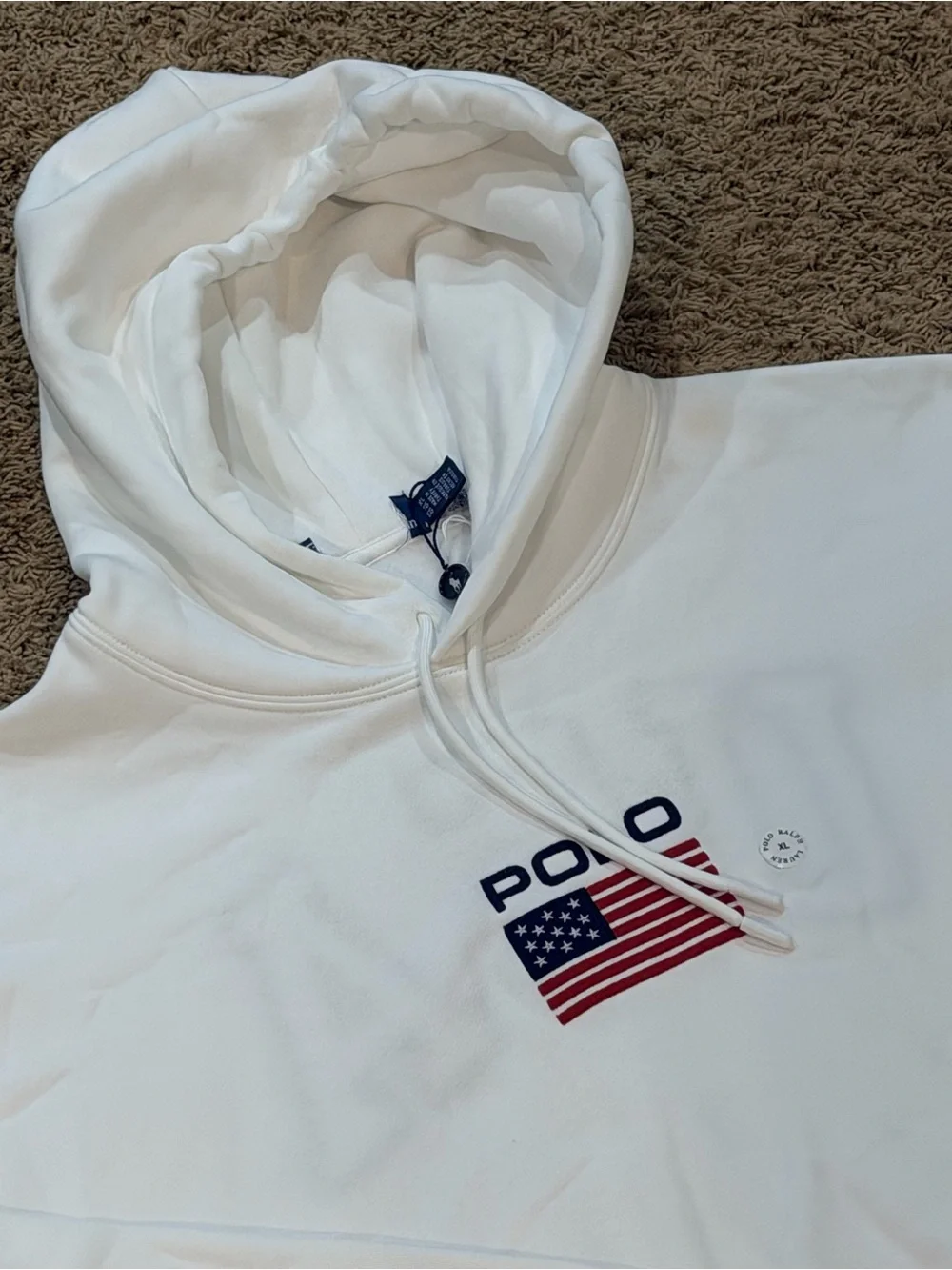 Polo Ralph Lauren Flag Fleece Hoodie White USA Embroidered Men’s XL NWOT